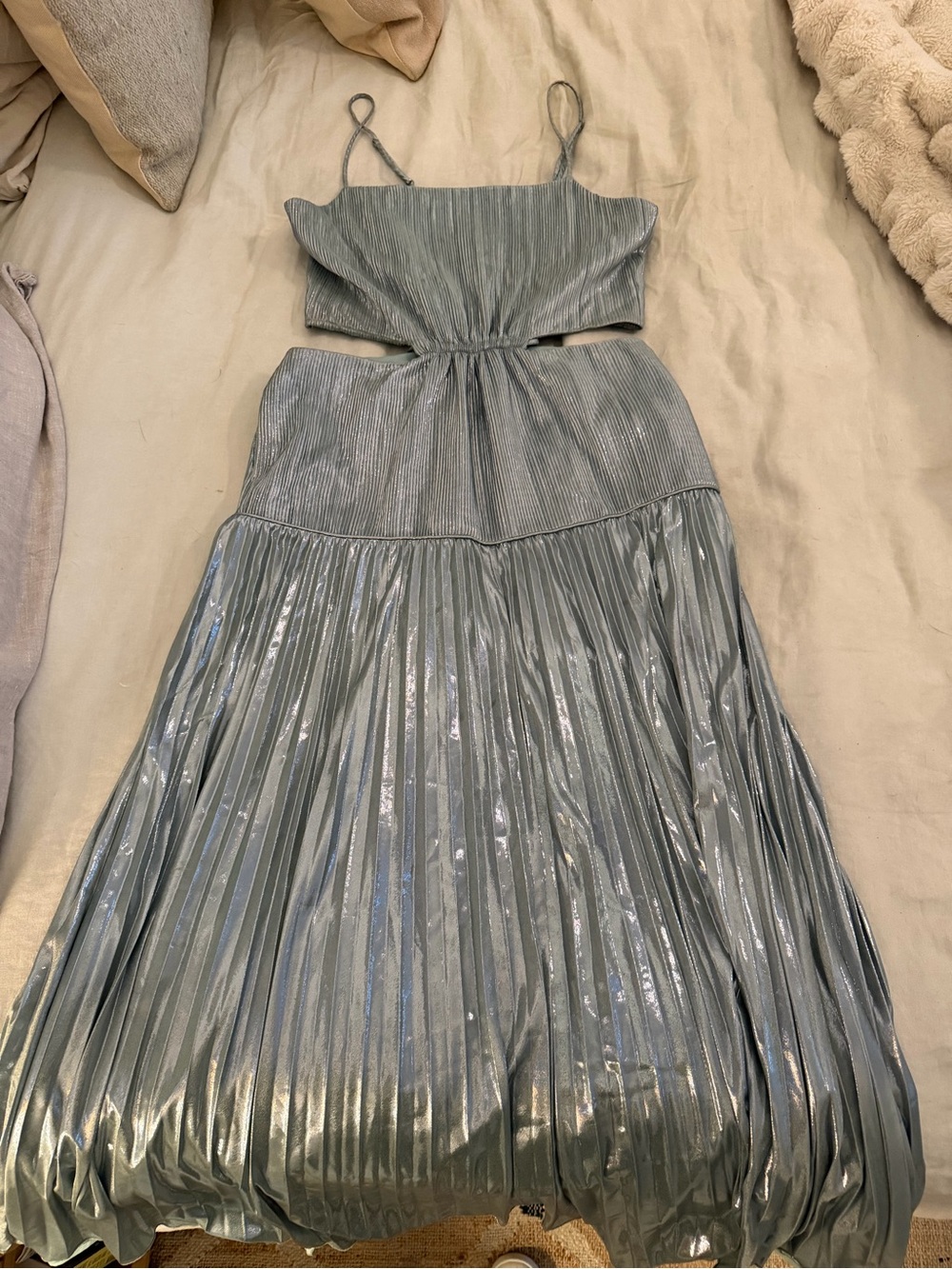 Jonathan Simkhai Metallic Aqua Pleated Maxi Dress with Cutout Waist